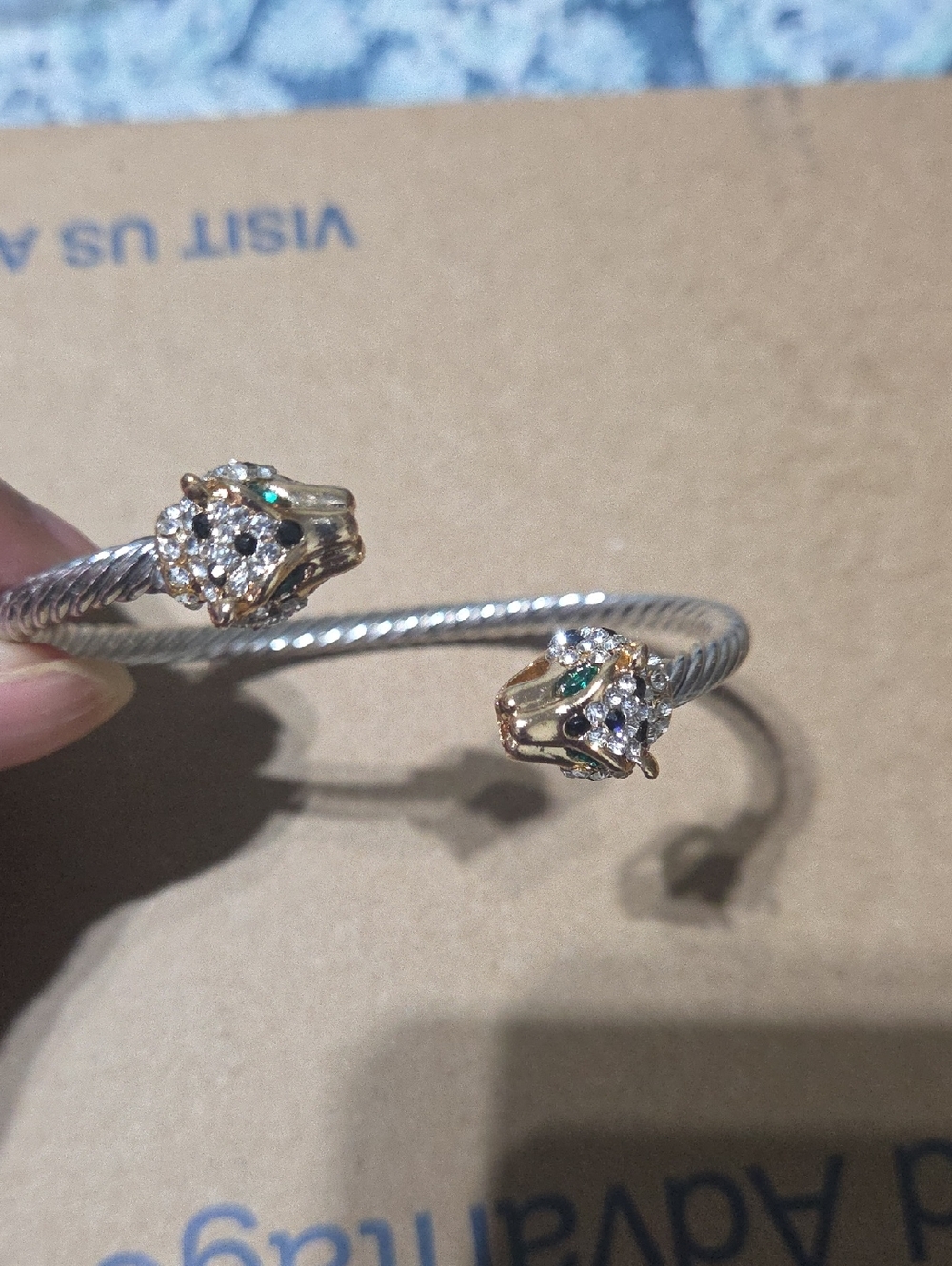 Gold and Silver Double-Headed Leopard Cuff Bracelet with Green Accents